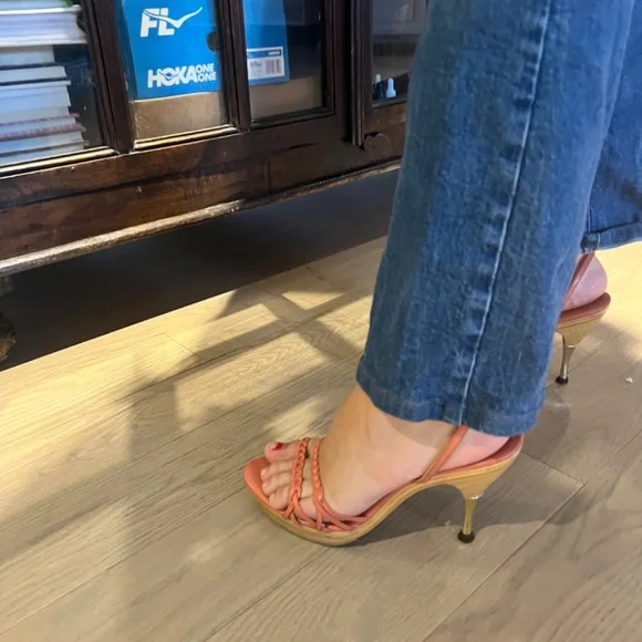 Betsy Johnson double toe strapped , wrapped around the ankle stiletto heel shoe.